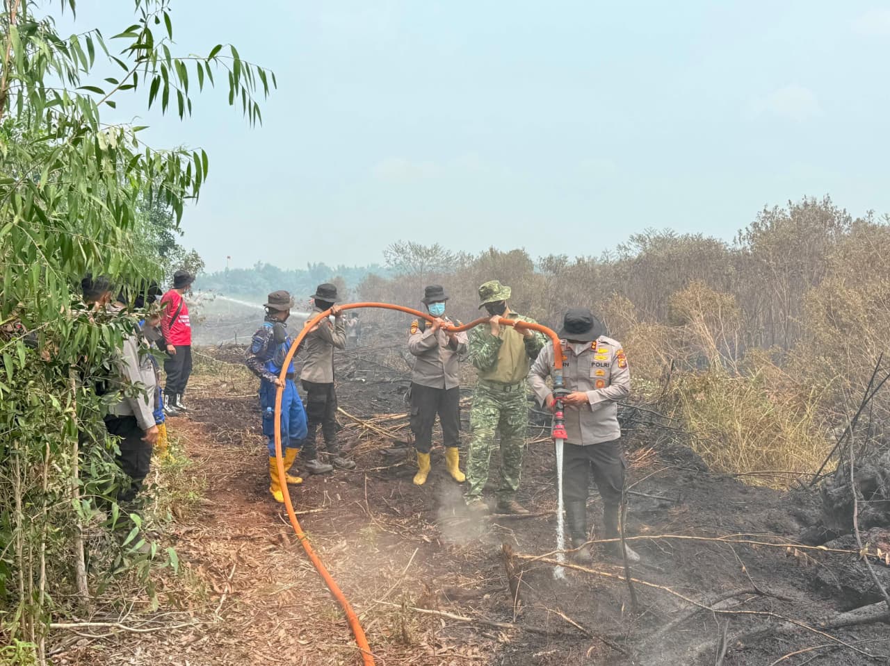KAPOLRES PELALAWAN PIMPIN LANGSUNG PEMADAMAN KARHUTLA DIDESA RANTAU BARU, API BERHASIL DIJINAKKAN